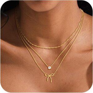 14k Gold Women's Gold Tiny Bow Cute Necklace Pendant Set